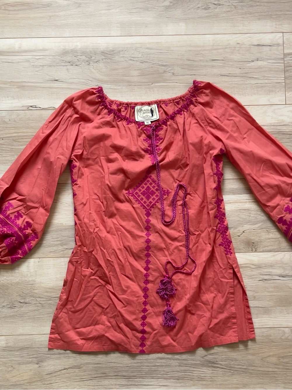 Women's Coral Embroidered Peasant Tunic with Fuchsia Accents
